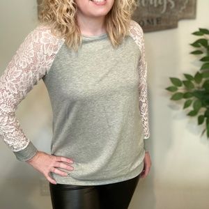 NEW Beautiful Lace long sleeve grey and white top